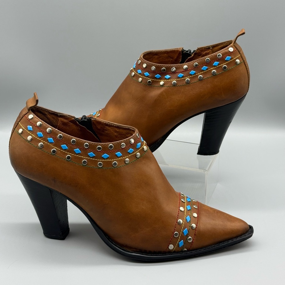 Tan Leather Ankle Boots with Blue Accents By Paco Gil For I. Magnin